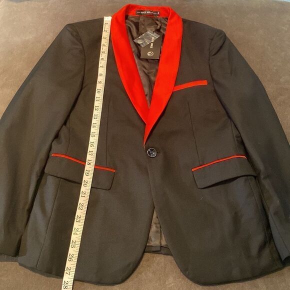 Men’s 3 Piece Slim Fit Tuxedo Black with Red Detail Shawl Lapel Size XS NWT - Picture 8 of 16